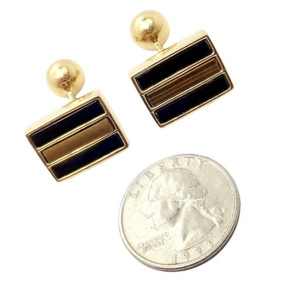 Rare Vintage Tiffany & Co. 18k Yellow Gold Classic Onyx Tiger Eye Cufflinks - Picture 5 of 12